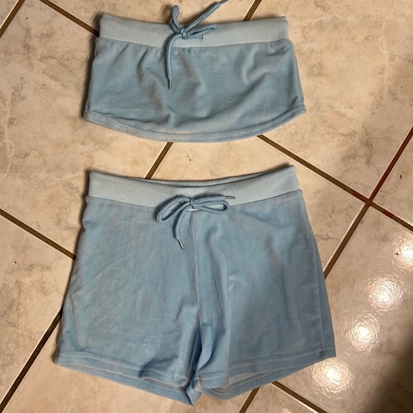 Matching velvety baby blue shorts and tube top! Top Medium Bottoms Small. - Picture 1 of 6